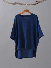 Solid Color Loose High-Low Round Neck Splicing T-Shirt