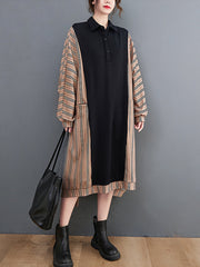Striped Splicing Bat Sleeve Loose Midi Dress