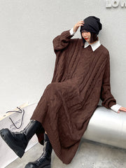 Loose Jacquard Knitted Lapel Midi Dress