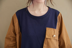 Women Loose Round Neck Stitching Casual Sweatshirt