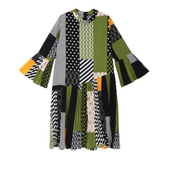 Women Retro Stitching Floral Stand Collar Dress