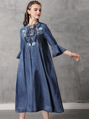Original Applique Flared Sleeve Denim Dress