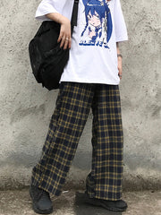Women Retro Personalized Plaid Loose Straight Casual Pants