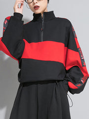 Women Loose Collar Zipper Long Sleeve Sweatshirt