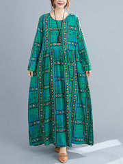 Women Retro Print Long Sleeve Dress