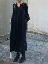 V-Neck High Waist Solid Color Long Sleeve Straight Dress