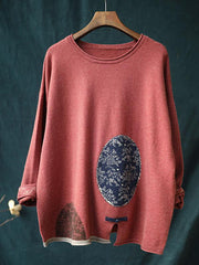 Vintage Jacquard Split-Front Button Round Neck Sweater