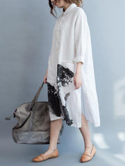 White Linen Lapel Loose Blouse Long Dress
