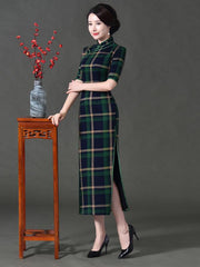 Vintage Plaid Split-Side Long Cheongsams