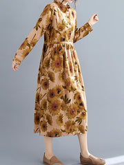 Women Retro Print Stand Collar Dress