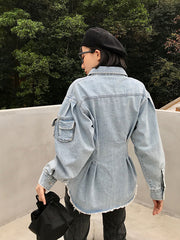 Loose Lapel Collar Long Sleeve Denim Shirt