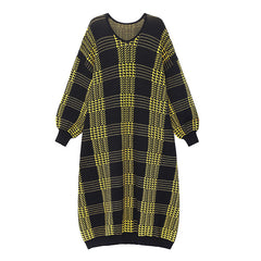 Long Sleeve Loose Mid-Length Knitted Plaid Sweater Dress