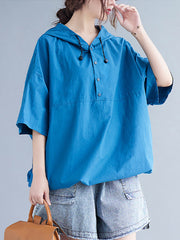 Loose Hooded Breasted Drawstring T-Shirt