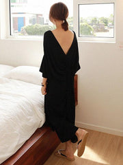 Sexy Back Loose Black horn Sleeve Long Dress