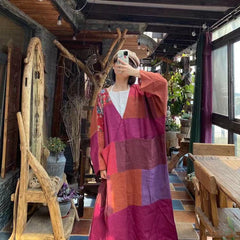 Vintage Literary Loose V-Neck Midi Dresss