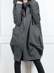 Solid Color Hooded Zipper Loose Outwears