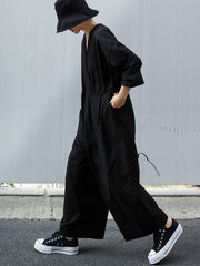 Casual Loose V-neck Wide-leg Solid Jumpsuit
