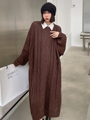 Loose Jacquard Knitted Lapel Midi Dress