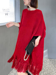 Irregular Fringed Bat Sleeve Loose Casual Sweater Dress