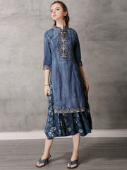 Retro Embroidered Split-joint Denim Dress