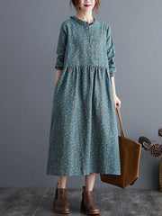 Retro Floral Wood Ear Collar Midi Dress