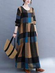 Loose Plaid Printed Long Sleeve Maxi Dress