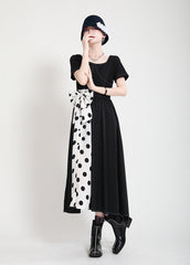Women Waistband Color Matching Polka Dot Bow Dress