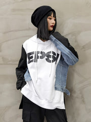 Split-Joint Denim Hooded Printed Sweatshirt