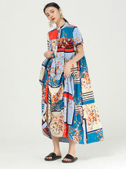 Women Retro Round Neck Print Color Block Floral Dress