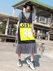 Lettered Print Splicing Mesh Jean V-Neck Suspender Dress