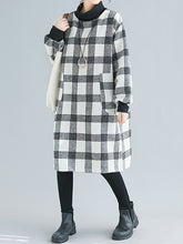Women Retro Plaid Color Block High Neck Dress