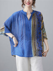 Retro See-Through Printed Half Sleeves Blouse