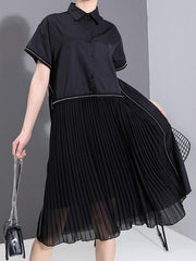 Solid Chiffon Pleated Splicing Lapel Dress