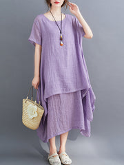 Retro Round Neck Solid Color Irregular Casual Dress