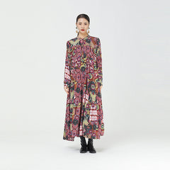 Women Retro Print Round Neck Casual Dress