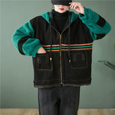 Women Stitching Color Block Plus Fleece Hooded Coat