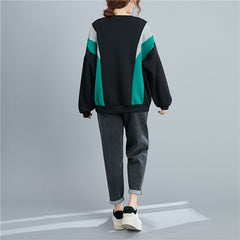Women Contrast Stitching Round Neck Pullover Sweatshirt