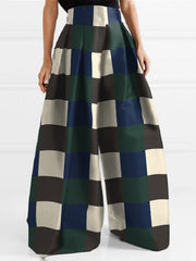 High Waisted Loose Checkerboard Contrast Color Pleated Wide Leg Pants Trousers
