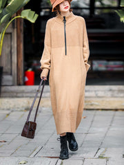 Women High Collar Thick Loose Casual Dress