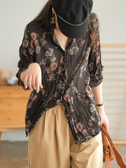 Retro Flora Printed Long Sleeve Blouse