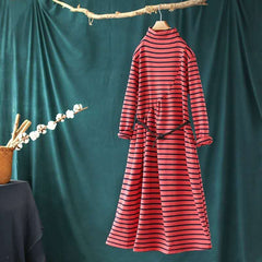 Striped High Neck Literary Loose Thick Midi Dress