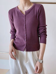 Women Solid Color V-Neck Thin Casual Knit Sweater