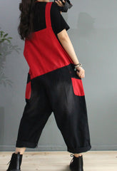 Women Retro Color Matching Loose Strap Jeans