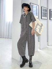 Black&White Plaid Casual Straight-Leg Jumpsuits