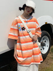 Loose Embroidered Printed Striped Crew Neck T-Shirt