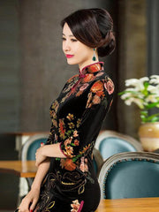 Velvet Flower Print Half Sleeves Long Cheongsam