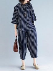 Two-Pieces Stripe Loose Three-Quarter Sleeve Lapel Suits