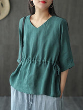 Loose Vintage Drawstring Solid T-Shirt