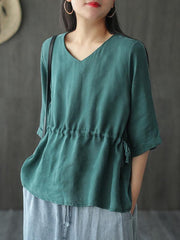 Loose Vintage Drawstring Solid T-Shirt