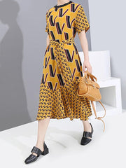 Loose Print Lace-Up V-Neck Dress